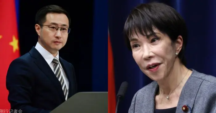 Người phát ngôn Bộ Ngoại giao Trung Quốc Lâm Kiếm và Thủ tướng Nhật Bản Takaichi Sanae tại một sự kiện ngoại giao. (Ảnh: Chụp màn hình báo Tuổi Trẻ)