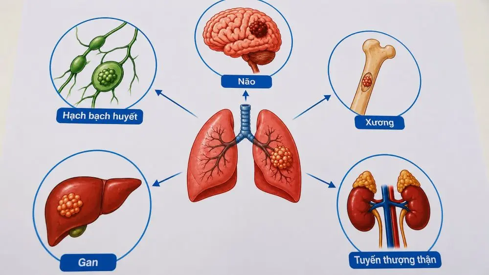 Ung thư phổi có thể di căn đến não, xương, gan và nhiều cơ quan khác. Tìm hiểu các vị trí di căn thường gặp.