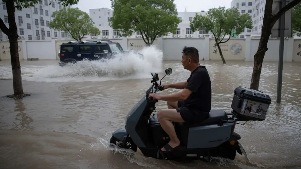 Bão Bavi gây ngập lụt nghiêm trọng tại Trung Quốc, đường sá chìm trong nước, giao thông tê liệt.