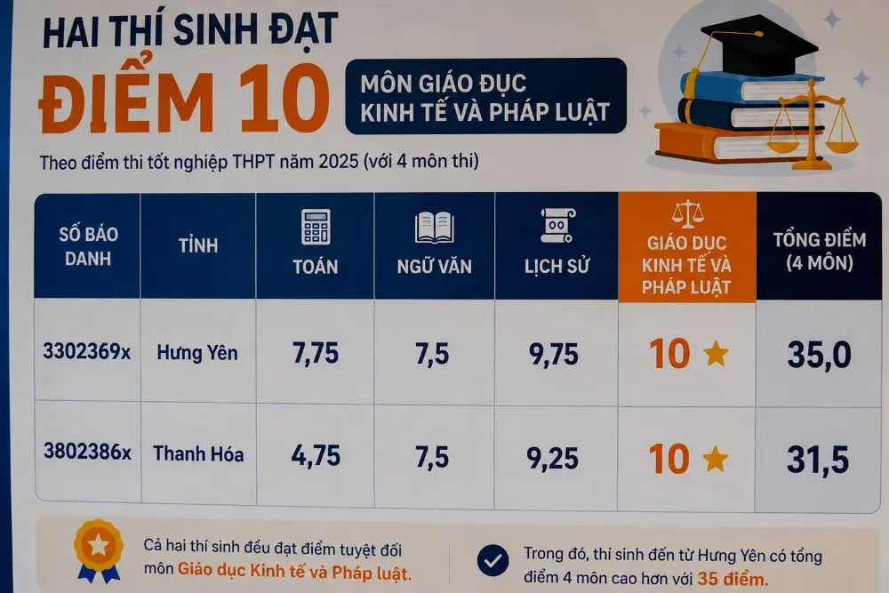 Chỉ 2 thí sinh ở Hưng Yên và Thanh Hóa đạt điểm 10 môn Giáo dục kinh tế và pháp luật trong kỳ thi tốt nghiệp THPT.