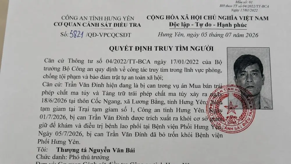 Bị can vụ án ma túy trốn khỏi bệnh viện khi đang điều trị, Công an Hưng Yên phát thông báo truy tìm và kêu gọi người dân phối hợp.